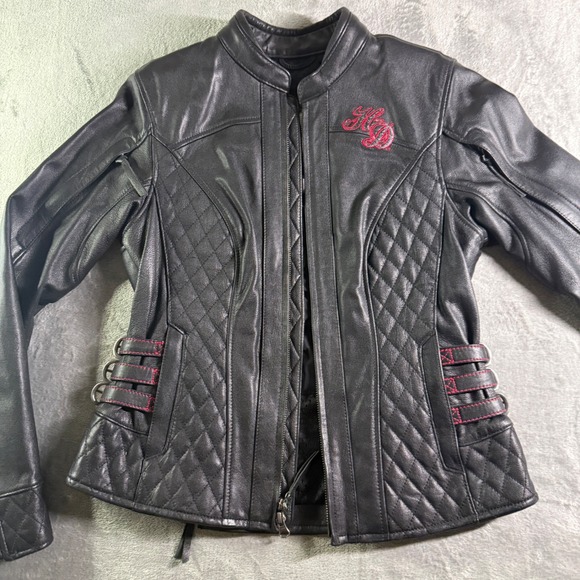 Harley Davidson Womens Black Leather Motorcycle Jacket Skull Rhinestone Size Sm - Picture 3 of 14